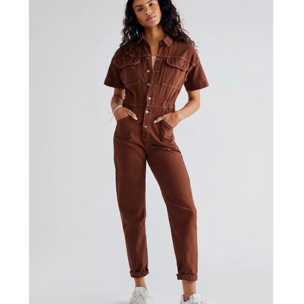 Free People Marci Jumpsuit Pinecone Brown Denim Utility Minimalist Gorpcore XL
